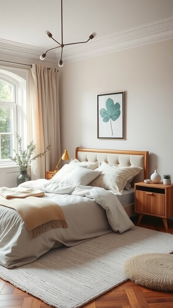 A serene bedroom featuring a light color palette, wooden furniture, and soft textures.