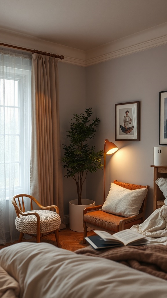 Cozy nook in a bedroom featuring a plant, soft lighting, and comfortable seating.