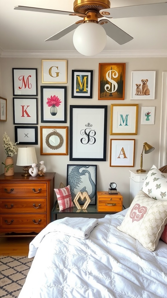 A cozy bedroom featuring a gallery wall with various framed artworks, a bedside table, and a neatly made bed.