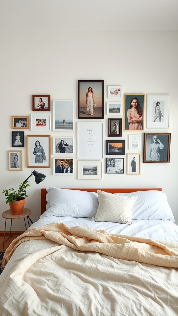 A bedroom featuring a personalized gallery wall with various framed photos and artwork.