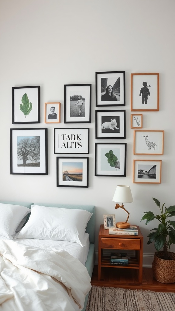 A cozy bedroom with a personalized gallery wall featuring a variety of framed pictures and art, showcasing different sizes and styles.