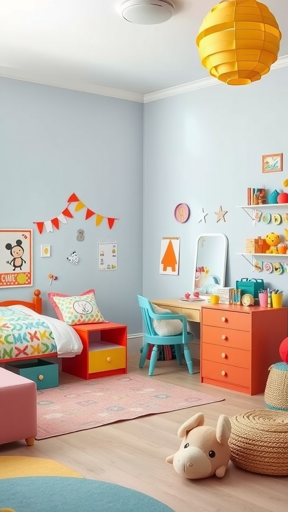 A colorful children's bedroom with a playful design featuring a bed, desk, and vibrant decor.