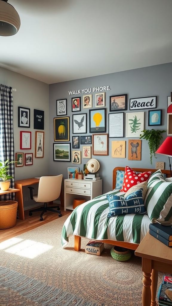 A colorful, eclectic bedroom featuring a mix of patterns, vibrant art, and greenery.