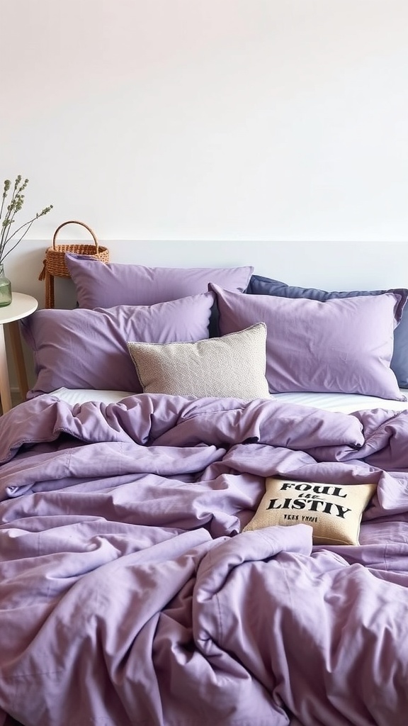 A cozy bed with plush purple bedding, featuring various shades of purple pillows and a decorative pillow.