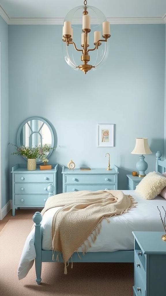 A bedroom featuring powder blue furniture, light blue walls, and a cozy aesthetic.