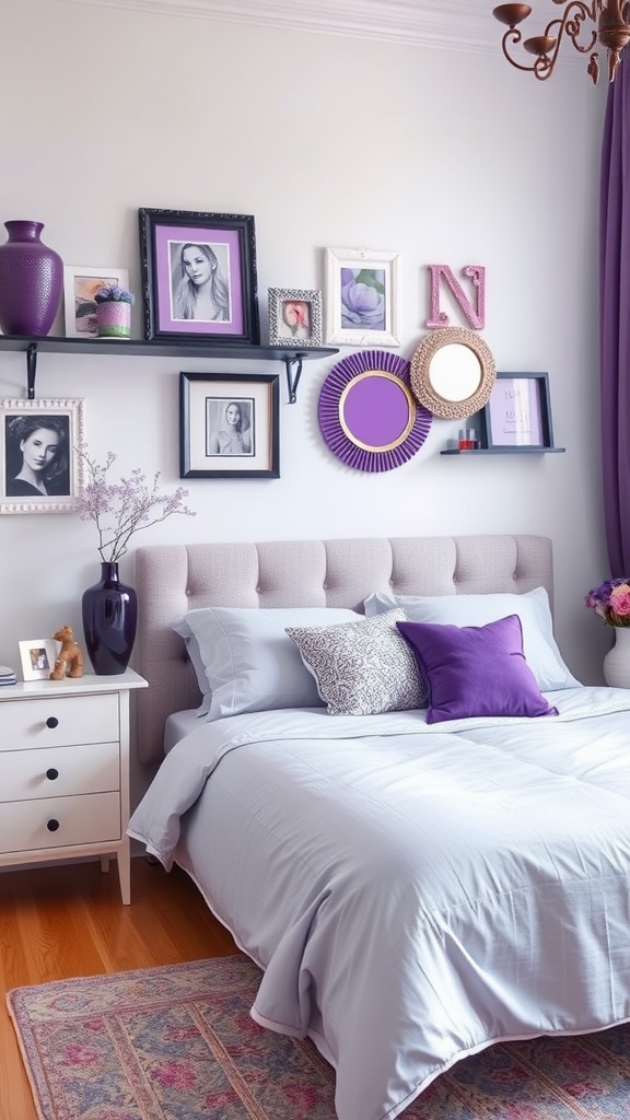 A cozy bedroom featuring purple-themed accessories including decorative frames, vases, and pillows.
