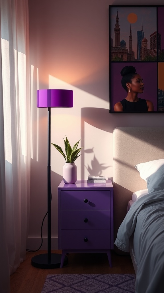 A stylish purple floor lamp beside a purple nightstand in a cozy bedroom setting.