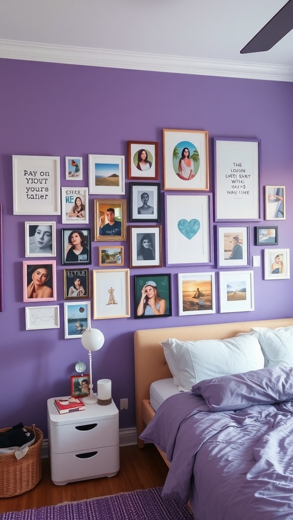 A purple-themed gallery wall with various framed pictures and artwork in a bedroom setting.