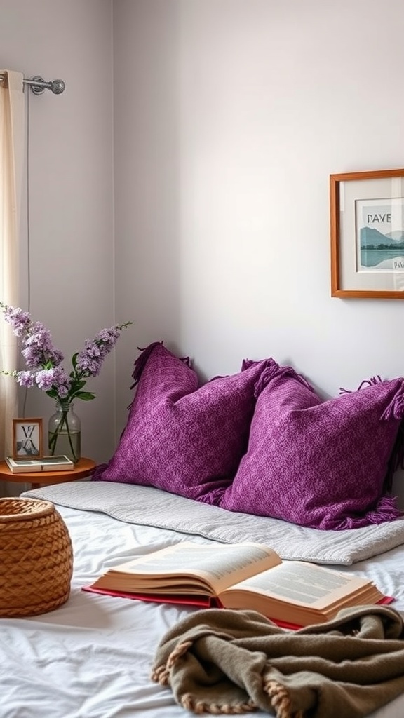 A cozy reading nook featuring purple accent pillows, a plant, a book, and a soft blanket.