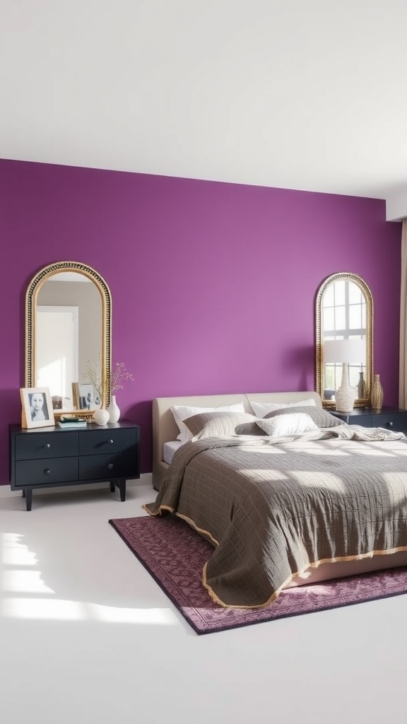 A bedroom featuring a purple accent wall, mirrors on either side, a cozy bed, and dark-colored furniture.