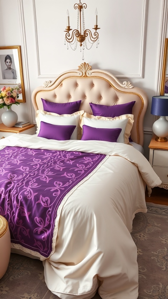 A stylish bedroom featuring a purple and cream bedspread with decorative pillows.