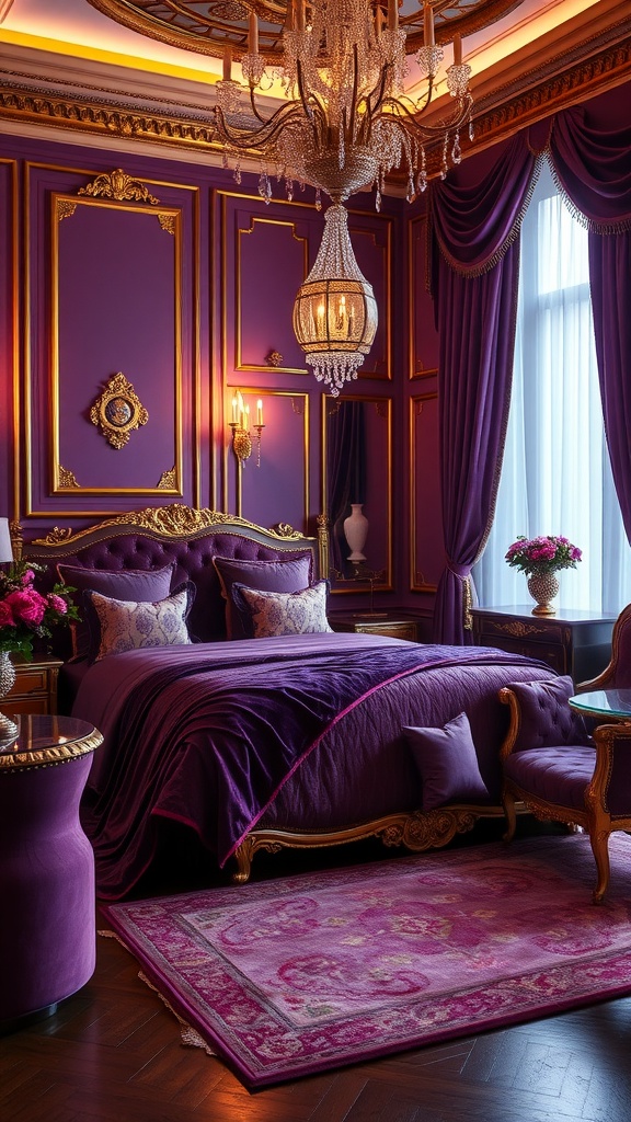 A luxurious bedroom featuring deep purple walls, elegant gold accents, and a stylish chandelier.