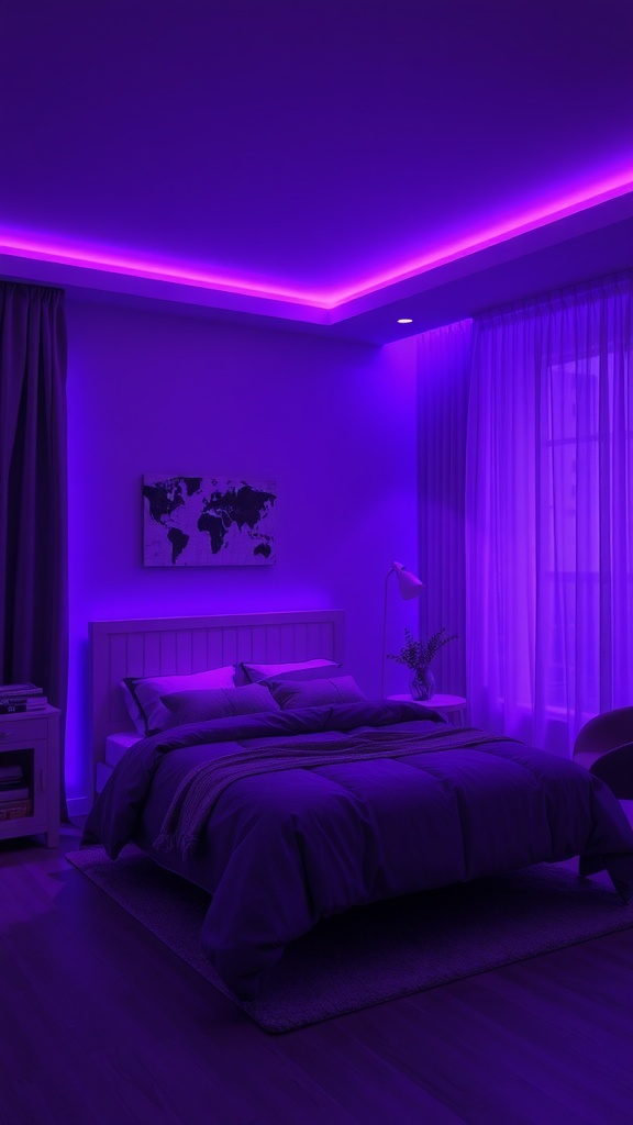 A cozy bedroom featuring purple and gray mood lighting, with soft purple illumination and gray bedding.
