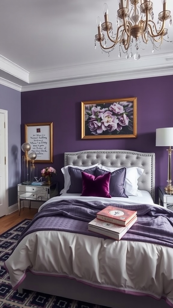 A stylish bedroom featuring purple walls, silver decor elements, and plush bedding.