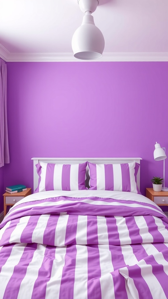A bedroom featuring purple walls and purple and white striped bedding with a simple light fixture.