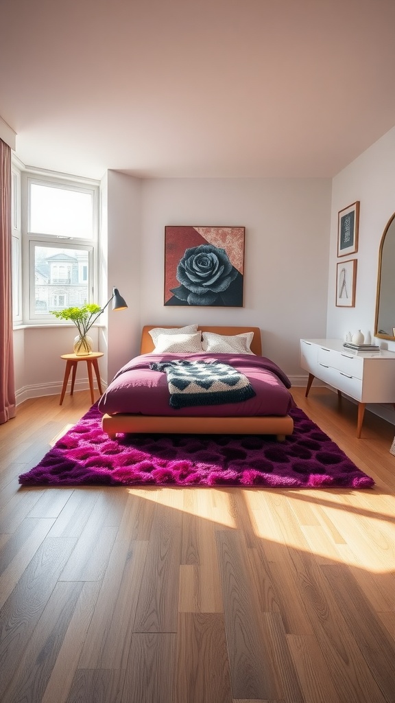 A vibrant purple area rug on light wooden flooring in a bright, airy room with a chair and a plant.