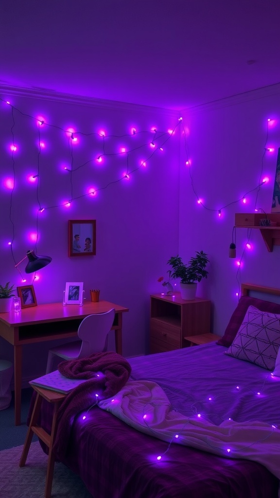 A cozy bedroom decorated with purple fairy lights, featuring a bed, desk, plant, and warm ambiance.