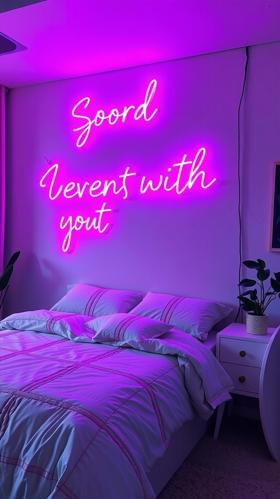 A cozy bedroom featuring a purple neon sign on the wall, with a neatly made bed and decorative plants.