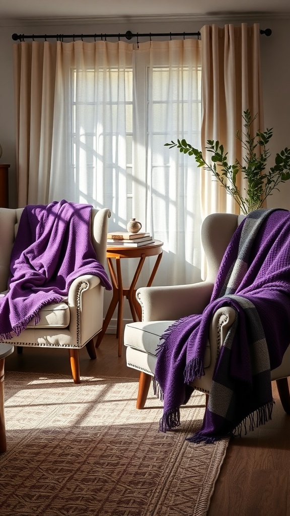 Two armchairs with purple throw blankets, surrounded by natural light and soft decor.