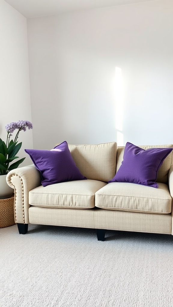 A neutral sofa with purple throw pillows and a nearby plant.