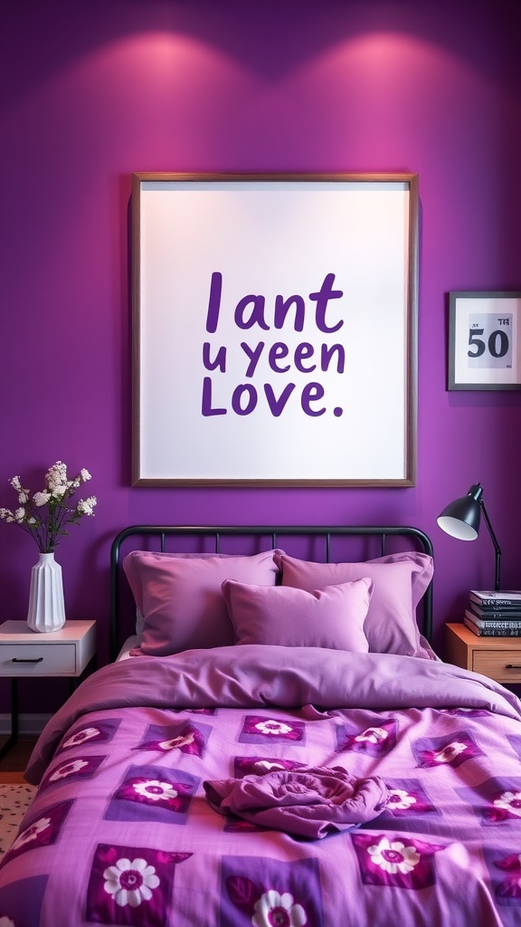 A cozy bedroom featuring purple walls and a playful piece of wall art with the text 'I ant u yeen Love.'