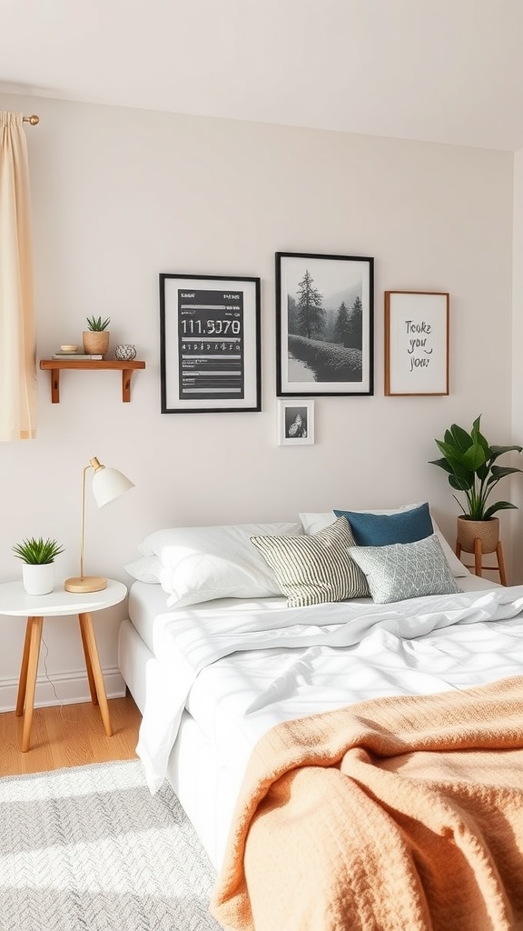 A bright and cozy bedroom featuring a white bed, decorative pillows, framed artwork on the walls, and plants, showcasing refreshing bedroom ideas from IKEA.
