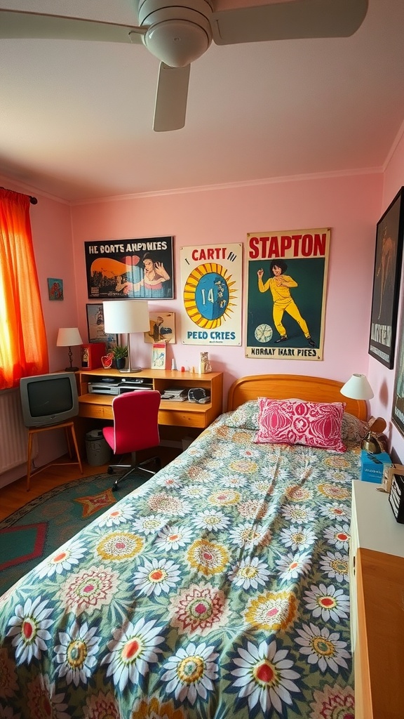 A retro 70s inspired bedroom featuring pink walls, a floral bedspread, vintage posters, and a cozy workspace.