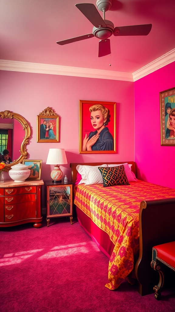 A vibrant retro glam bedroom featuring pink walls, colorful bedding, and vintage art