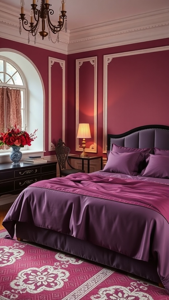 A cozy bedroom with rich plum bedding, elegant decor, and warm lighting.