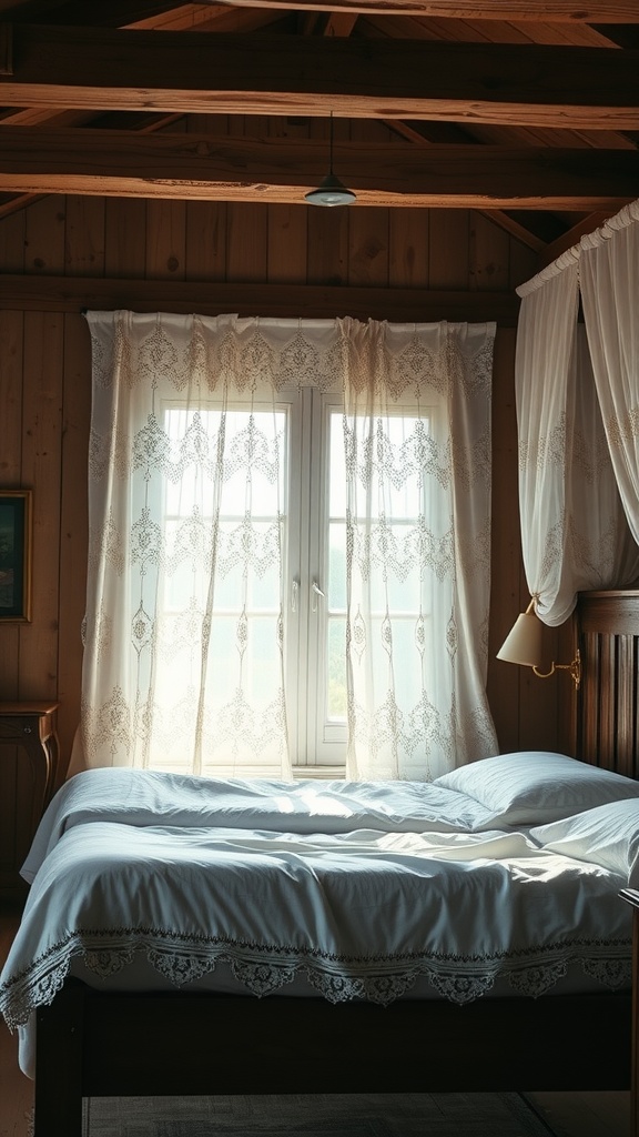 A cozy vintage-inspired bedroom with wooden beams, soft white bedding, and sheer curtains.