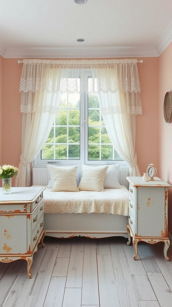 A cozy vintage shabby chic bedroom with a daybed, pastel walls, lace curtains, and vintage nightstands.