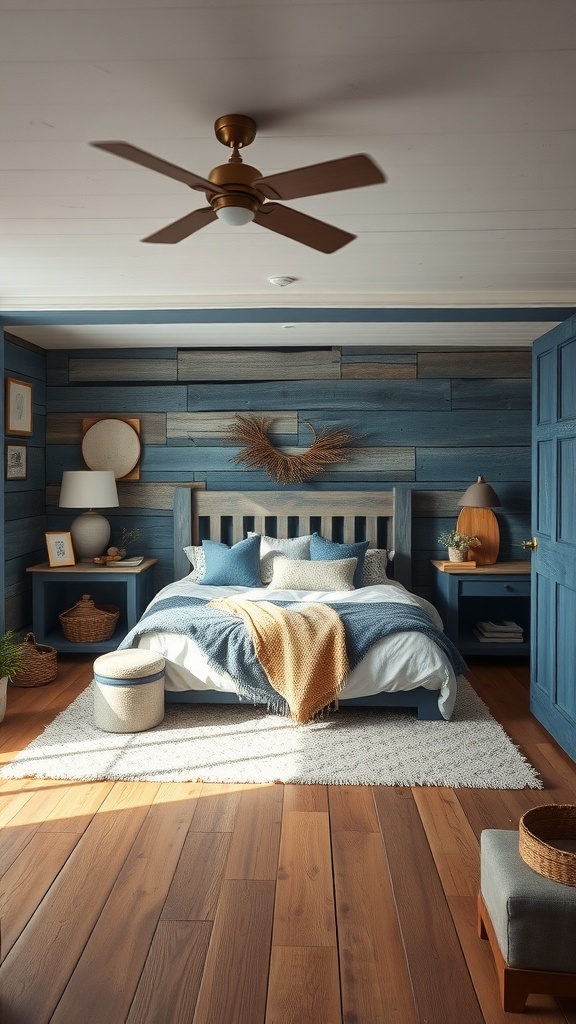 A rustic bedroom featuring blue wood elements, a wooden bed frame, and a cozy atmosphere.