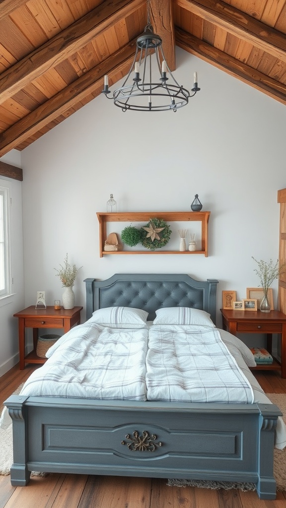 A rustic bedroom featuring a grey bed with a tufted headboard, wooden shelves, and natural decor.