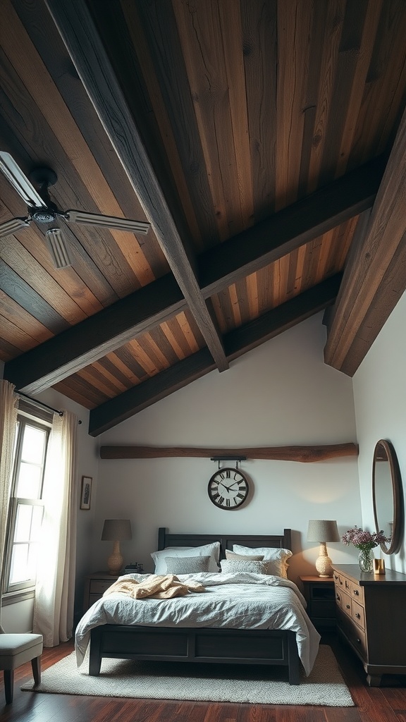 a cozy bedroom featuring dark wood beams, a comfortable bed, and warm lighting.