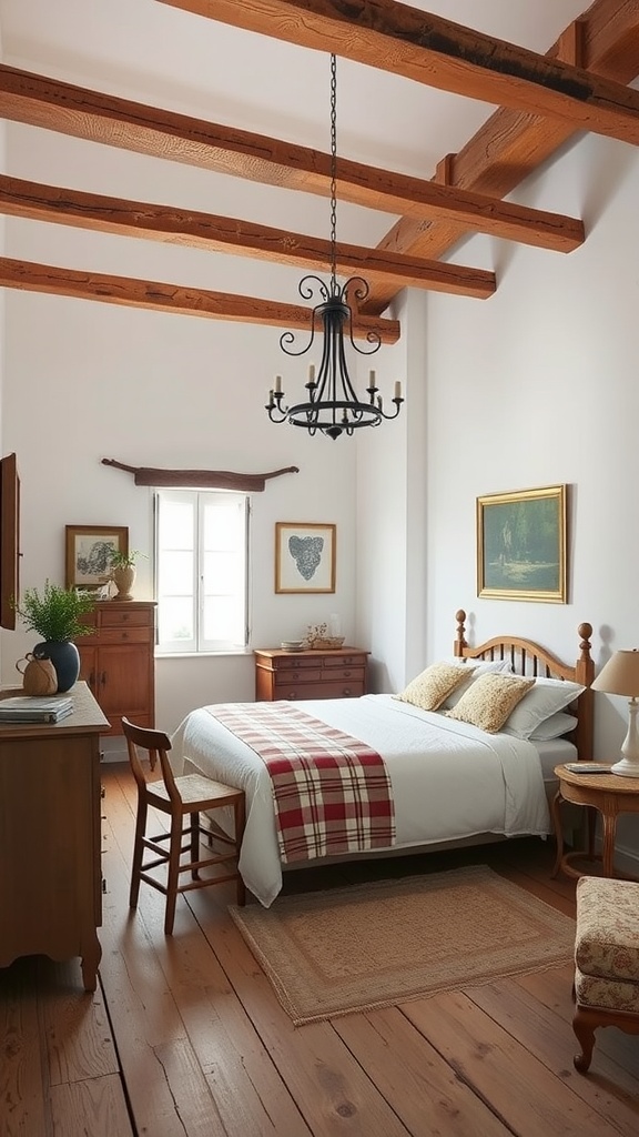 A cozy neutral bedroom featuring wooden beams, light-colored walls, and rustic furniture.