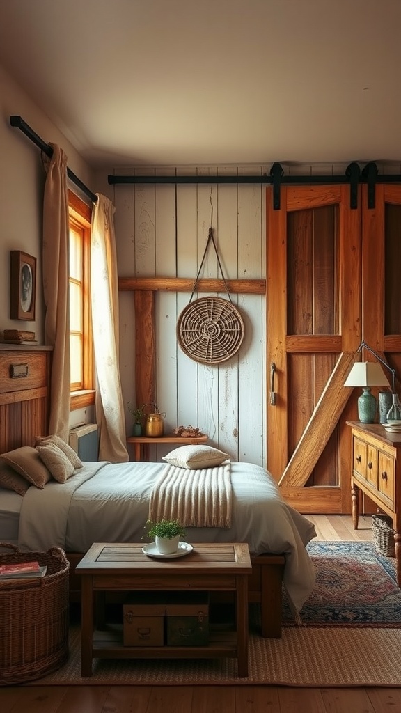 A cozy rustic farmhouse bedroom with wooden accents, soft bedding, and natural elements.
