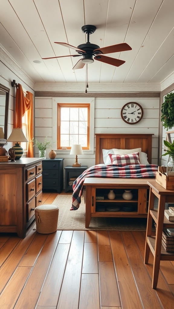 A cozy rustic farmhouse bedroom featuring a wooden bed, checkered blanket, and natural decor.