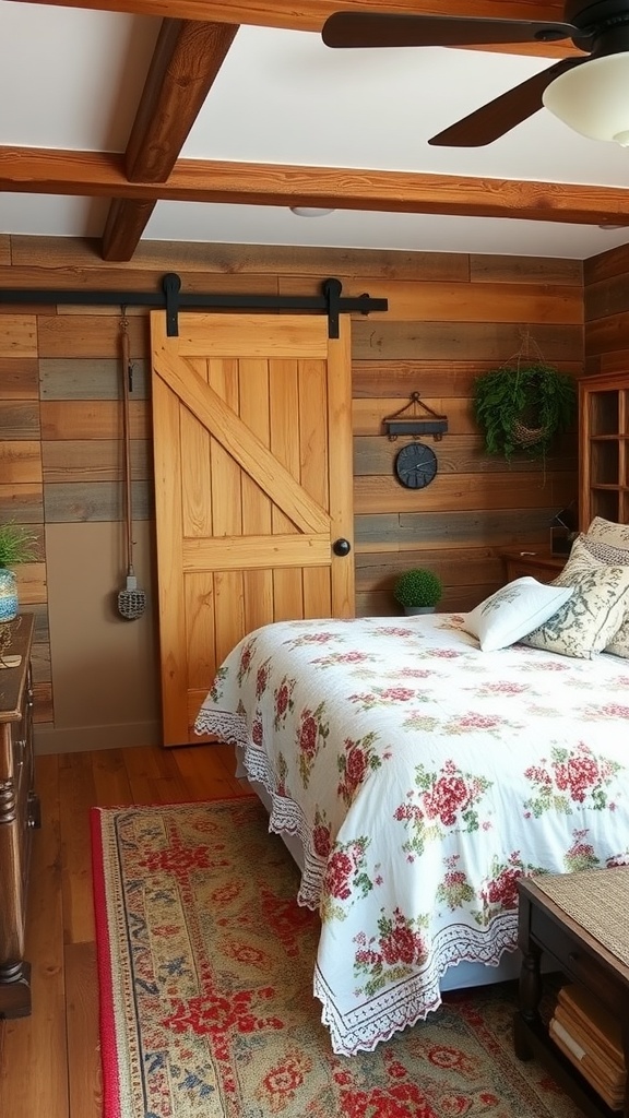 A rustic vintage bedroom featuring wooden beams, a sliding barn door, floral bedding, and a cozy rug.