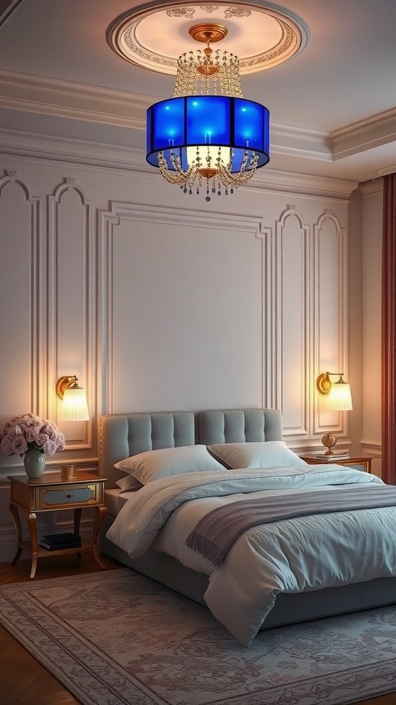 A beautifully designed bedroom featuring a sapphire chandelier, soft bedding, and elegant light fixtures.