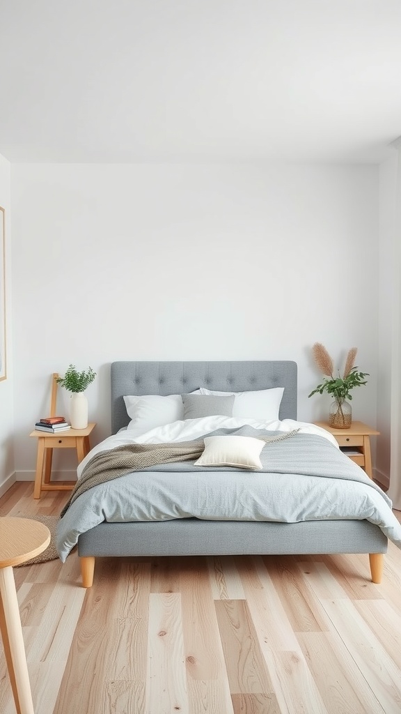 Scandinavian inspired bedroom featuring a grey bed with white bedding and wooden furniture