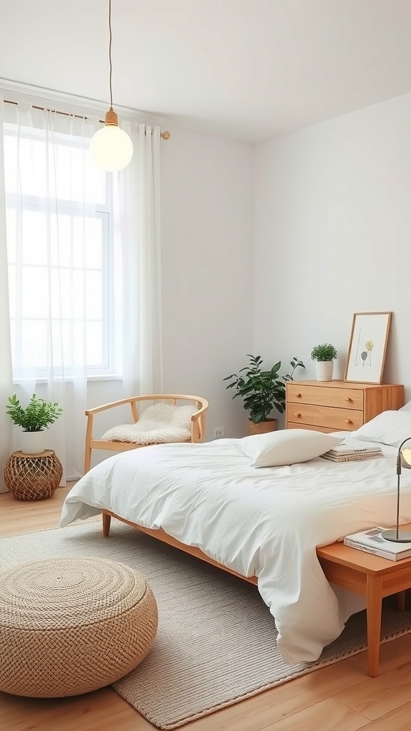 A minimalist Scandinavian bedroom featuring light wood furniture, plants, and a cozy atmosphere