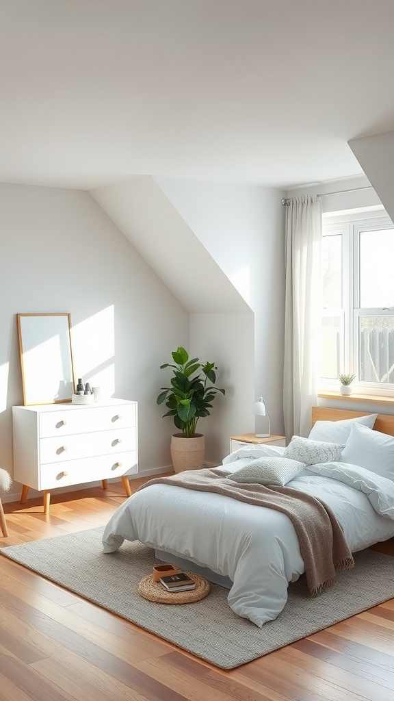 A minimalist Scandinavian bedroom featuring light colors, natural wood furniture, and plants.