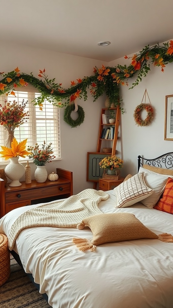 Cozy bedroom decorated with autumn-themed decor including garlands, flowers, and warm colors.