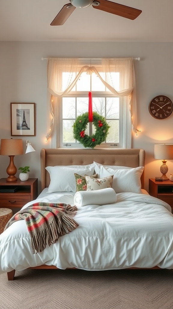 A cozy bedroom decorated for the season with a wreath, plaid throw, and soft cushions.