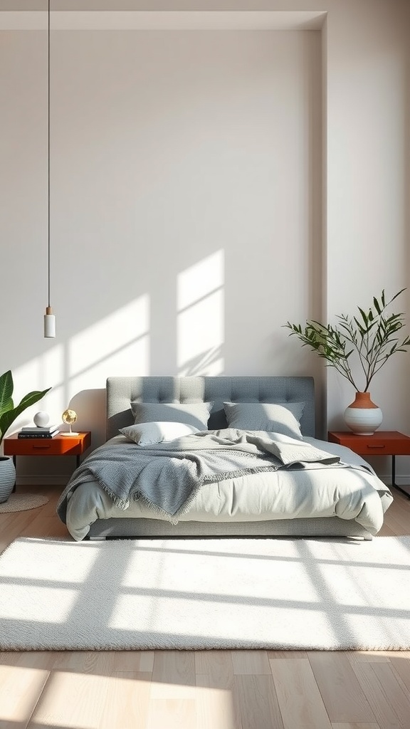 Serene bedroom featuring a grey bed, light wooden floor, and vibrant orange nightstands with natural light.