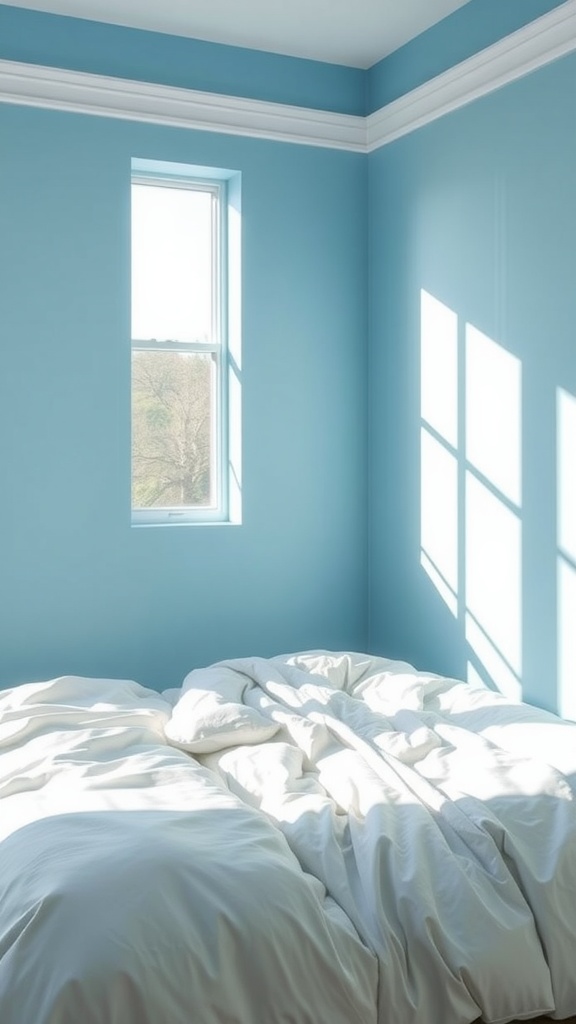A cozy bedroom with serene sky blue walls and a neatly made bed.