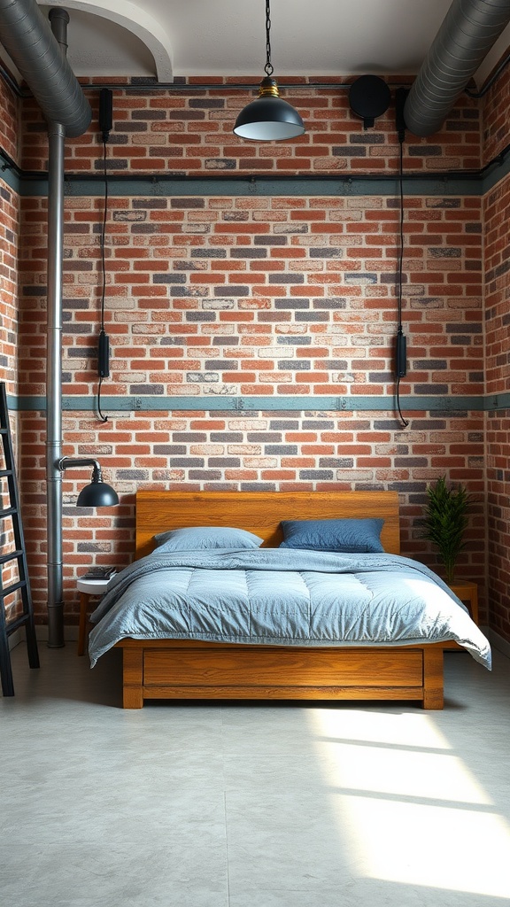 A modern bedroom featuring exposed brick walls, wooden bed frame, and industrial lighting.