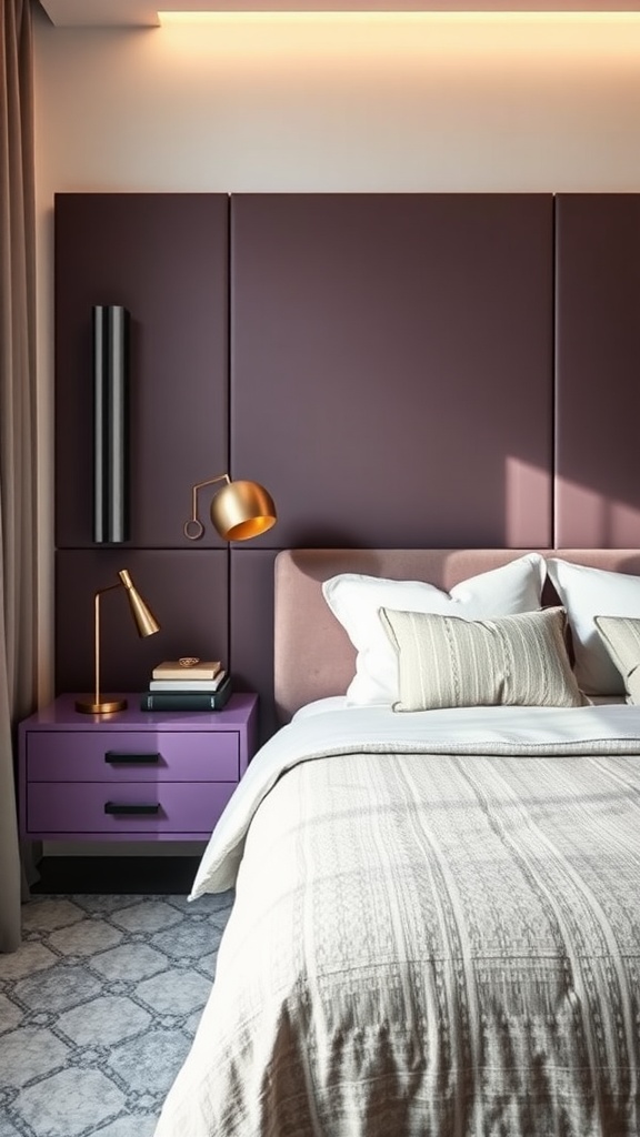 A stylish bedroom featuring a sleek purple nightstand beside a cozy bed with decorative pillows.