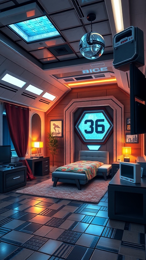 A futuristic bedroom design with warm and cool lighting, sleek furniture, and decorative elements.