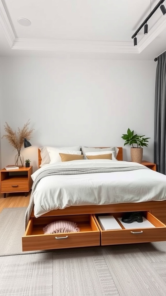A cozy apartment bedroom with a wooden bed featuring storage drawers, soft bedding, plants, and modern lighting.